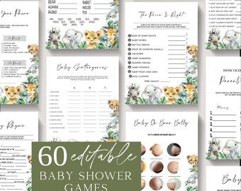 May include: A set of 60 editable baby shower games with a jungle animal theme. The games include activities like guessing prices, matching items, and unscrambling words. The design features watercolour illustrations of lions, elephants, and other animals.