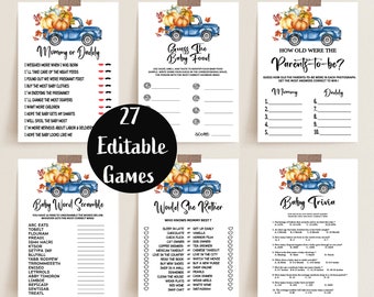 Fall Baby Shower Games Bundle, Blue Truck Pumpkins, Fall Baby Shower, Editable Games, Instant Download