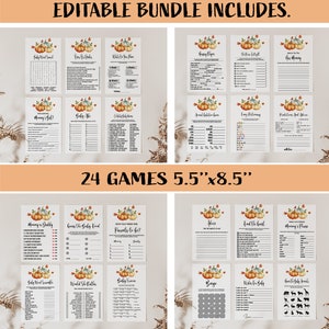 May include: A bundle of 24 baby shower games, each with a pumpkin and leaf design. The games are printed on 5.5" x 8.5" paper. The text "EDITABLE BUNDLE INCLUDES" and "24 GAMES 5.5"x8.5"" are visible.