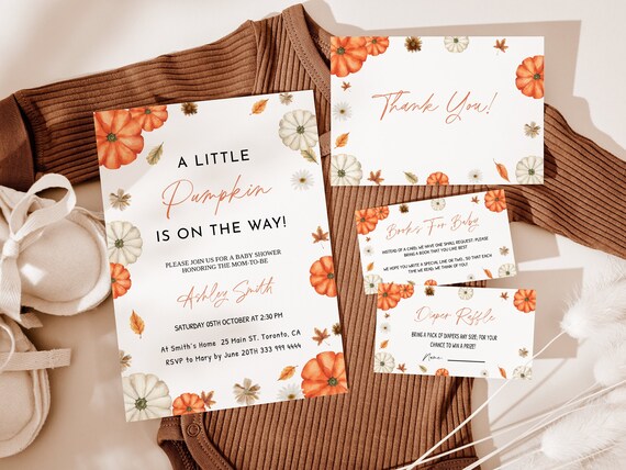 Pumpkin Baby Shower Invitation Bundle, Little Pumpkin Invite Pack, Editable Autumn Fall Baby Shower Invitation, Fall Pumpkin, BBS43