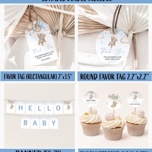 May include: A baby shower bundle with various elements. Includes rectangular and round favor tags, a banner that reads "HELLO BABY", and cupcake toppers. The designs feature a teddy bear, balloons, and the text "Thank You".