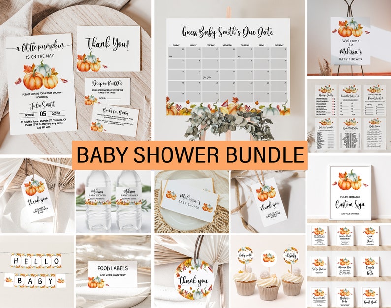 May include: A collection of baby shower decorations featuring a fall theme. The bundle includes invitations, thank you cards, a calendar, signs, cupcake toppers, and food labels. The designs incorporate pumpkins, leaves, and the text "Baby Shower Bundle".