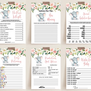 Elephant Baby Shower Games Printable Game Bundle Pink Elephant Girl ...