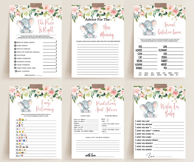 Elephant Baby Shower Games Printable Game Bundle Pink Elephant - Etsy