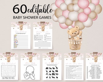 May include: A set of 6 printable baby shower game cards featuring a teddy bear in a hot air balloon with pink and brown balloons. The games include: Guess the Baby's  Predictions and Advice, Baby Word Search, Draw the Baby, Name the Baby Animals, Who Knows Mommy Best?, and What Will the Little One Do First?