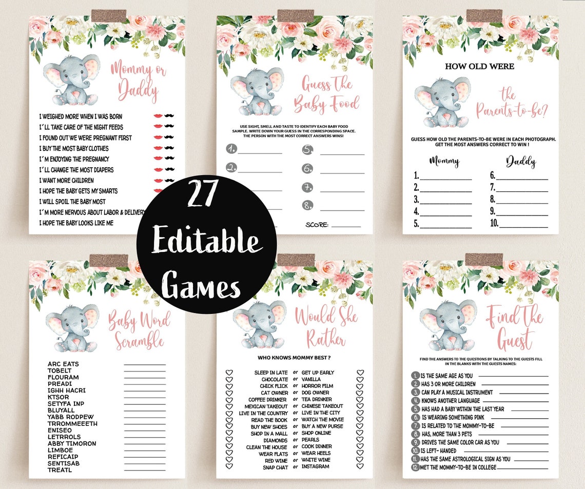 Elephant Baby Shower Games Printable Game Bundle Pink Elephant - Etsy