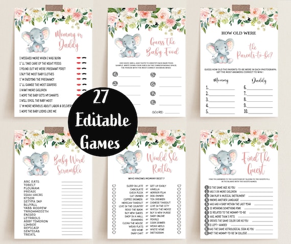 Elephant Baby Shower Games Printable Game Bundle Pink Elephant - Etsy