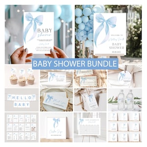 Blue Bow Baby Shower Invitation Bundle, Editable Blue Bow Invitation and Games, Printable Blue Ribbon Bow Baby Shower Decoration Baby Boy