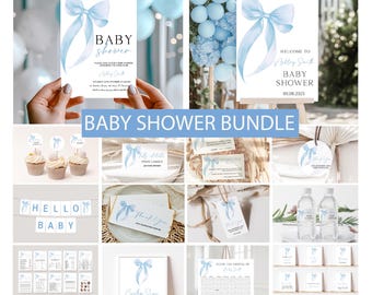 Blue Bow Baby Shower Invitation Bundle: Editable Games (Digital Download)