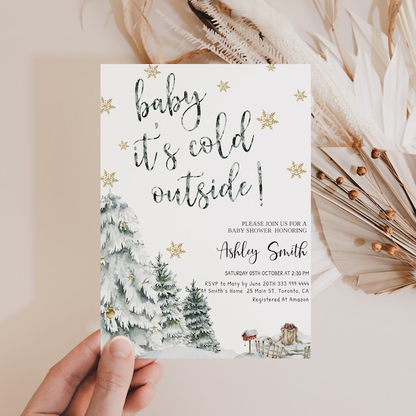 Baby It's Cold Outside Baby Shower Invitation Bundle, Editable Winter Baby Shower Invite Pack, Snowflake Winter Trees Baby Shower