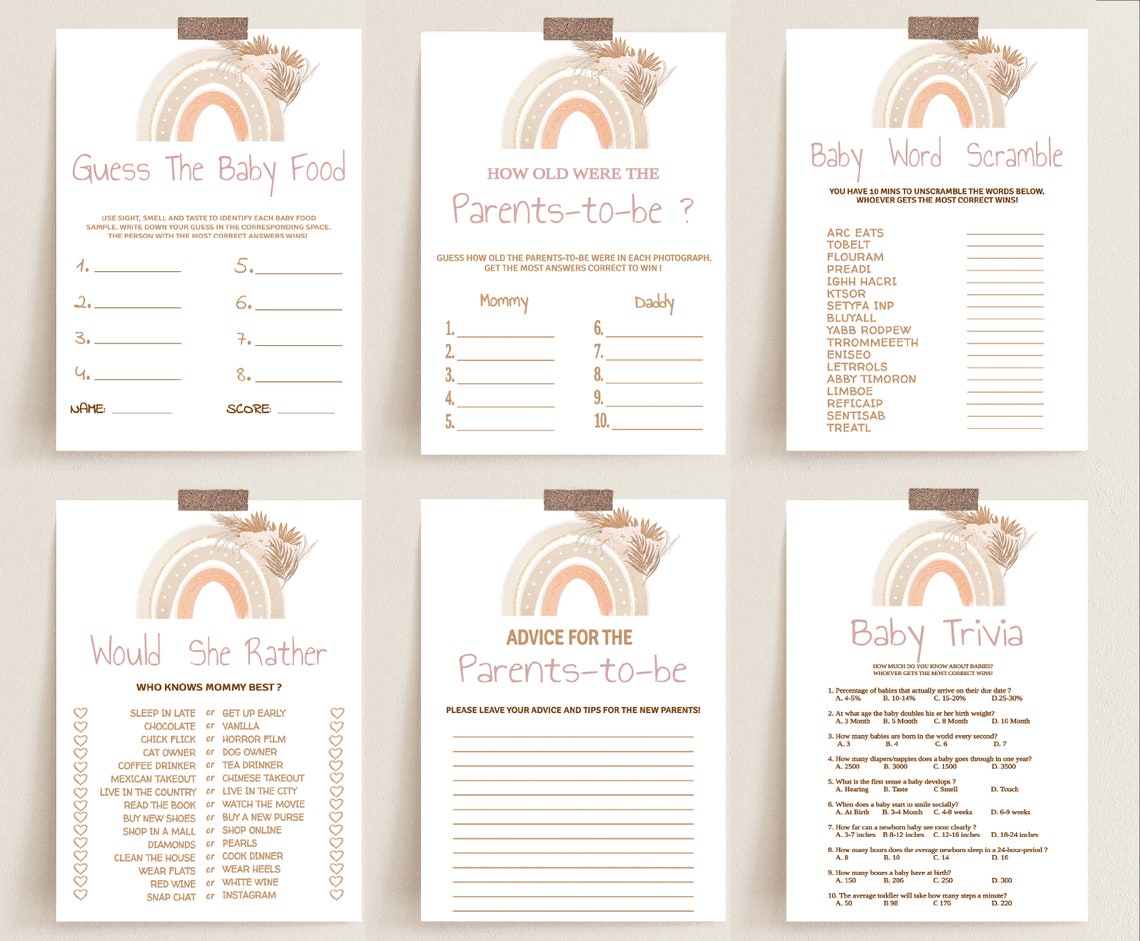 Boho Rainbow Baby Shower Game Bundle, Editable Games for Baby, Rainbow ...