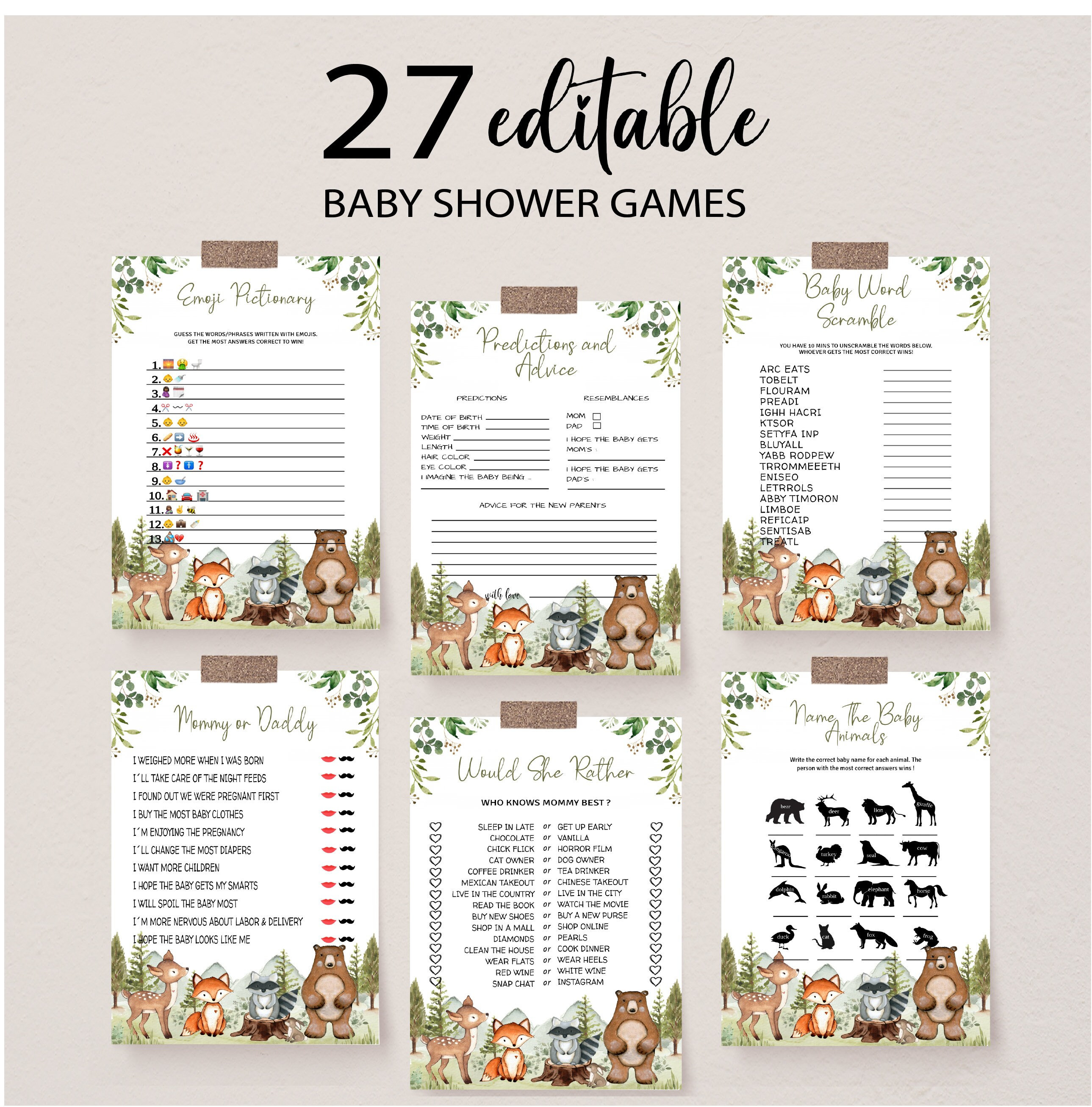 Woodland Animals Baby Shower Games Bundle,  Forest Animals Baby Shower Package, Editable Printable Baby Shower Game Pack, BBS33