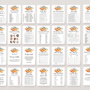 K&ouml;nnte beinhalten: Eine Sammlung von druckbaren Babyparty-Spielen auf wei&szlig;em Papier. Jede Spielkarte zeigt eine Aquarell-K&uuml;rbis-Illustration in Orange, Blau und Gr&uuml;n. Titel sind "How Old Were the Parents-to-be?" und "Baby Word Scramble".