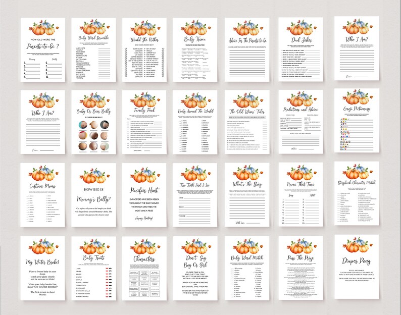 K&ouml;nnte beinhalten: Eine Sammlung von druckbaren Babyparty-Spielen auf wei&szlig;em Papier. Jede Spielkarte zeigt eine Aquarell-K&uuml;rbis-Illustration in Orange, Blau und Gr&uuml;n. Titel sind "How Old Were the Parents-to-be?" und "Baby Word Scramble".