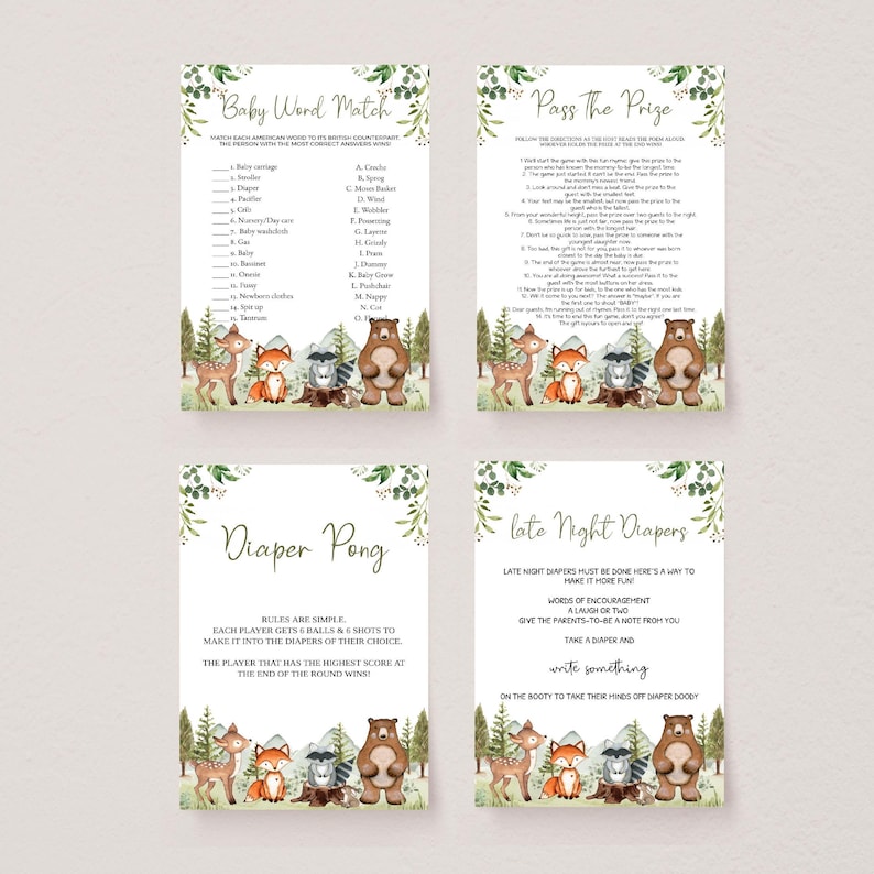 May include: Four printable baby shower game cards with a woodland theme. The cards feature a fox, deer, bear, and raccoon with green foliage and a white background. The games are "Baby Word Match", "Pass the Prize", "Diaper Pong", and "Late Night Diapers".