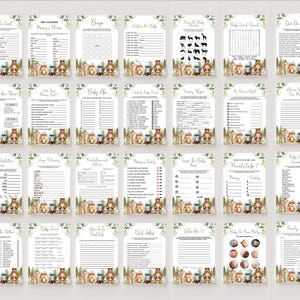 May include: A set of 16 printable baby shower games featuring a woodland theme with foxes, bears, and owls. The games include "Guess the Baby Food", "Who Knows Mommy Best", "Baby Word Scramble", and more.