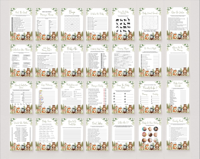 May include: A set of 16 printable baby shower games featuring a woodland theme with foxes, bears, and owls. The games include "Guess the Baby Food", "Who Knows Mommy Best", "Baby Word Scramble", and more.