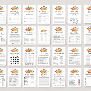 K&ouml;nnte beinhalten: Eine Sammlung von Babyparty-Spielkarten auf wei&szlig;em Papier. Jede Karte zeigt ein Aquarell-K&uuml;rbis-Design in Orange, Blau und Gr&uuml;n. Zu den Titeln geh&ouml;ren "Baby Bingo", "Errate das Babynahrung" und "Papas Satz".