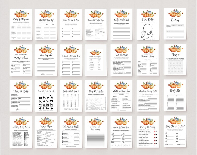 K&ouml;nnte beinhalten: Eine Sammlung von Babyparty-Spielkarten auf wei&szlig;em Papier. Jede Karte zeigt ein Aquarell-K&uuml;rbis-Design in Orange, Blau und Gr&uuml;n. Zu den Titeln geh&ouml;ren "Baby Bingo", "Errate das Babynahrung" und "Papas Satz".