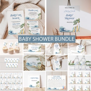 Baby on Board Baby Shower Invitation Bundle, Editable Surfboard Baby Games Invite Sign Bundle, Baby On Board Printable Decor