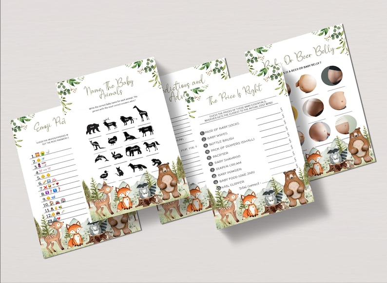 May include: A set of printable baby shower games with a woodland theme. The games include "Name the Baby Animals", "Emoji Pictionary", "The Price is Right", and "Rub or Beer Belly".