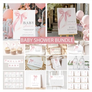 Pink Bow Baby Shower Invitation Bundle – Editable Girl Invite and Games, Printable Ribbon Decorations