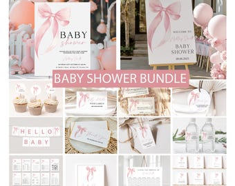 Pink Bow Baby Shower Invitation Bundle – Editable Girl Invite and Games, Printable Ribbon Decorations