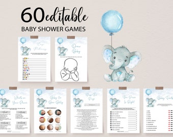 May include: A set of 60 printable baby shower games featuring a cute blue and grey elephant with a blue balloon. The games include "What's on Your Phone", "Baby on Beer Belly", "Guess the Price is Right", "Baby Traits", "Draw Baby", and "Emoji Pictionary".