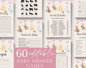 Winnie the Pooh Baby Shower Games Bundle: Pink Balloons (Editable, Printable)