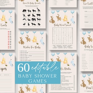 Winnie the Pooh Baby Shower Games Bundle: 60 Editable Blue Games (Digital Download)
