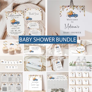 Pumpkin Truck Baby Shower Invitations Bundle, Autumn Pumpkin Invite Games Sign Bundle, Blue Truck Boy Fall Printable, Download
