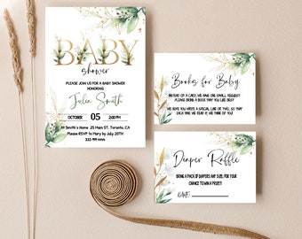 Editable Green & Gold Baby Shower Invitation, Eucalyptus Greenery invite , INSTANT DOWNLOAD , Baby Shower Eucalyptus Invitation Bundle BBS80