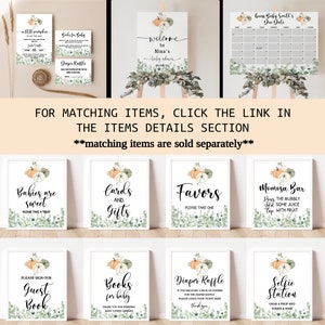 May include: A collection of baby shower signs with a pumpkin and eucalyptus theme. Signs include "Welcome," "Guest Book," "Favors," and a calendar for the due date. The signs are white with black text and watercolor illustrations.