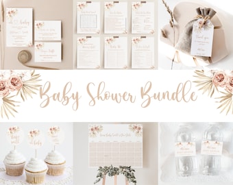 Könnte beinhalten: Ein Babyparty-Paket mit Boho-Thema. Das Paket beinhaltet Einladungen, Spiele, ein Los für die Windeltombola, ein Dankeschön-Etikett, einen Kalender für die Gäste, um das Geburtsdatum des Babys zu erraten, Cupcake-Topper und Etiketten für Wasserflaschen. Das Design zeigt rosafarbene Rosen, Pampasgras und Grünpflanzen.
