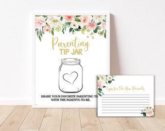 Floral Parenting Tip Jar Sign, Baby Shower Game Girl Sign, Blush Gold Floral Parenting Tip Jar Sign, Instant Download, BBS75