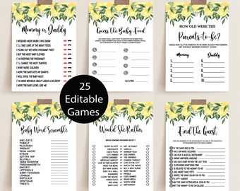 Lemon Baby Shower Games Bundle: 25 Editable Citrus Games (Digital Download)
