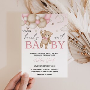 Bear Balloon Baby Shower Invitation, Editable We Can Bearly Wait Shower Invite, Pink Balloon Bear Girl Baby Shower, Printable