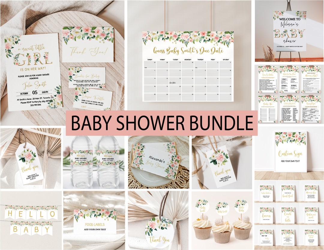 Blush Pink Gold Baby Shower Invitation Bundle – Editable Floral Girl ...