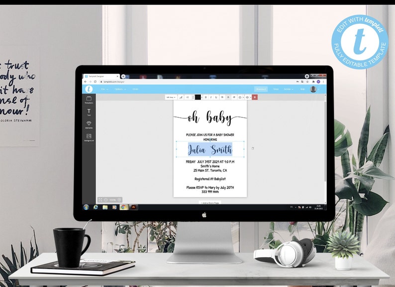 May include: A computer monitor displays a baby shower invitation template. The invitation reads "oh baby" in elegant script, with details including the honoree's name, date, time, and location. The screen also shows editing tools.