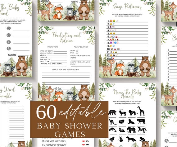 Woodland Baby Shower Games Bundle: 60 Printable Games (Editable)