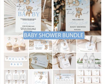 May include: A baby shower bundle featuring invitations, welcome signs, cupcake toppers, food labels, thank you cards, water bottle labels, and games. The designs include a teddy bear, balloons, and the text "We can bearly wait".