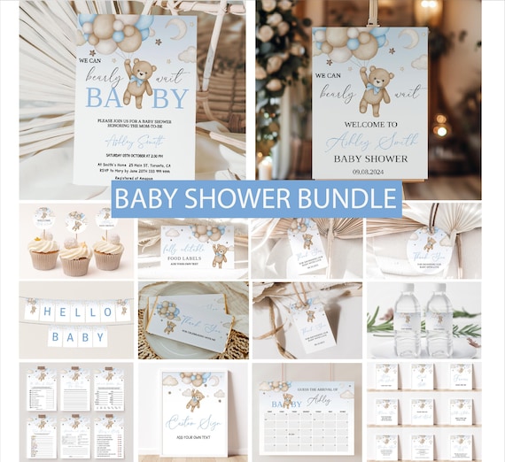 Bear Balloon Baby Shower Invitation Bundle: Printable Decor (Digital Download)