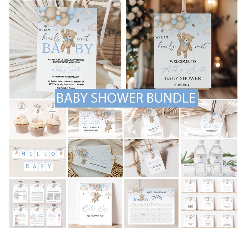 May include: A baby shower bundle featuring invitations, welcome signs, cupcake toppers, food labels, thank you cards, water bottle labels, and games. The designs include a teddy bear, balloons, and the text "We can bearly wait".