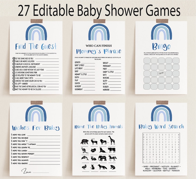 Blue Rainbow Baby Shower Game Bundle: 27 Editable Games (instant ...
