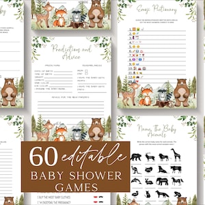 May include: A set of 60 printable baby shower games with a woodland theme. The games include "The Baby Food", "Emoji Pictionary", "Predictions and Advice", "Baby Word Scramble", "Name the Baby Animals", and "Guess the Baby Clothes".