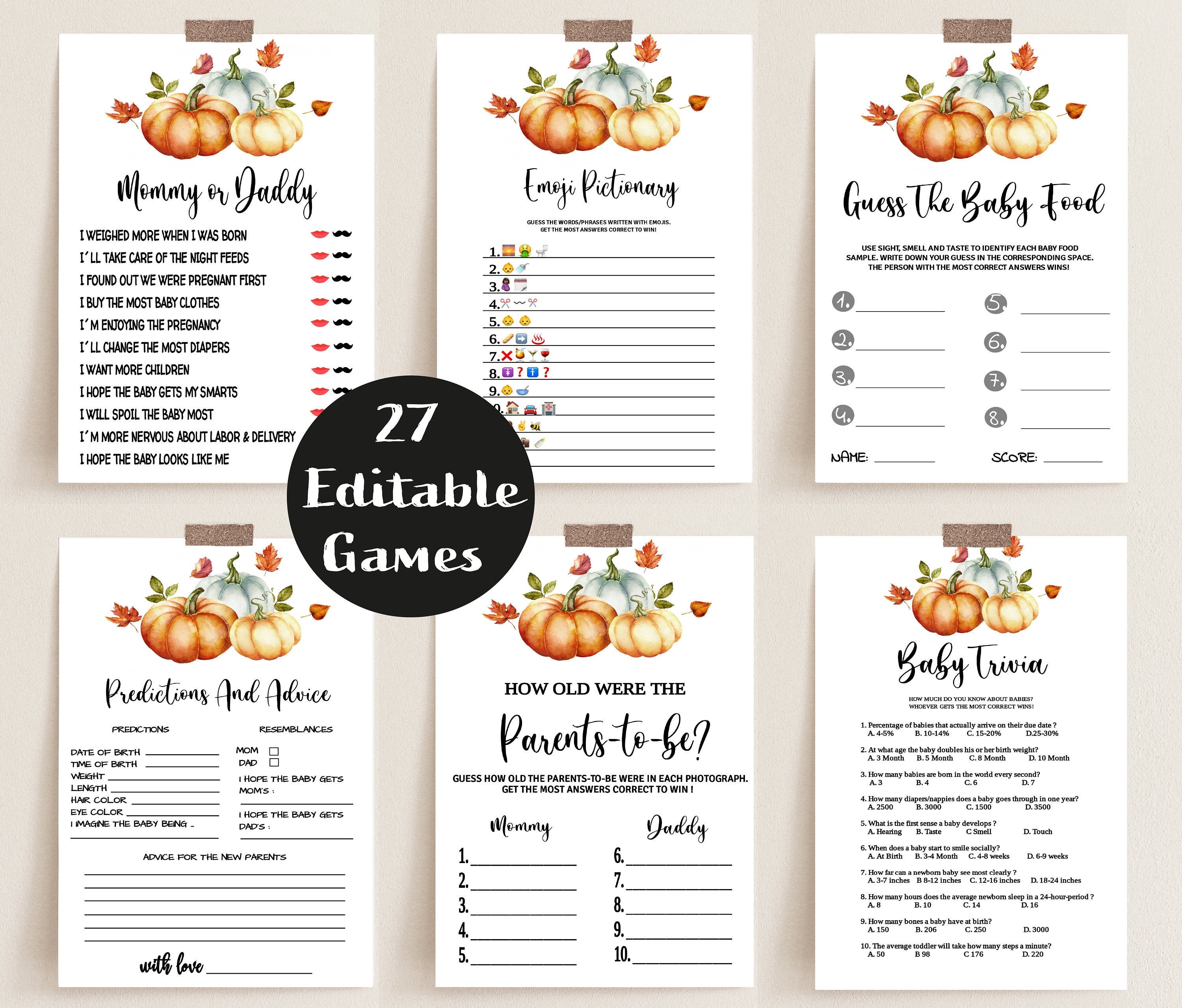 Baby Shower Game Bundle, Editable Baby Shower Games, Pumpkin Fall Baby Shower Games, Pumpkin Printable Baby Shower Games, BBS40