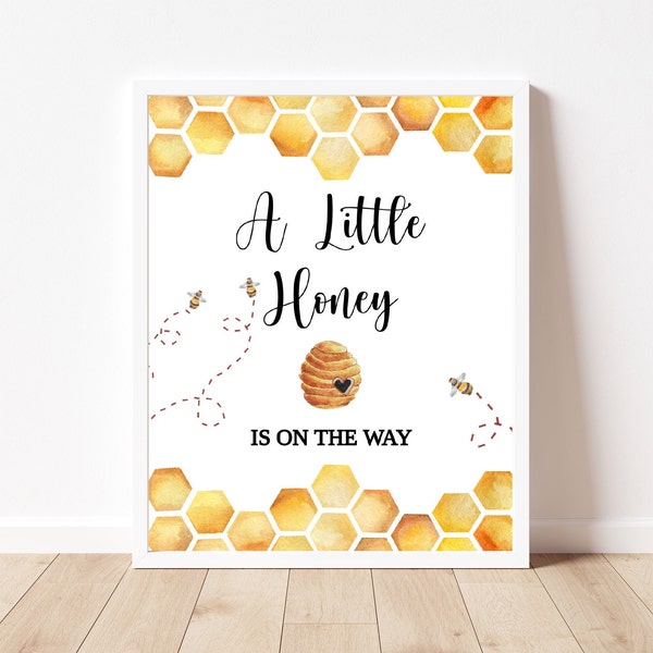 A Little Honey Is On The Way Sign, Bee Table Sign Honey Bee Baby Shower Party Decorations Bee Babee Shower Instant Download Sign