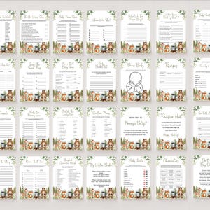 May include: A set of 16 printable baby shower game cards featuring woodland animal illustrations. The cards include games like "Baby Animal Bingo", "Guess the Baby Food", "What's in Mommy's Belly?" and more.