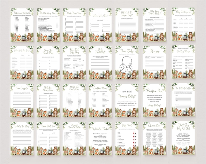 May include: A set of 16 printable baby shower game cards featuring woodland animal illustrations. The cards include games like "Baby Animal Bingo", "Guess the Baby Food", "What's in Mommy's Belly?" and more.