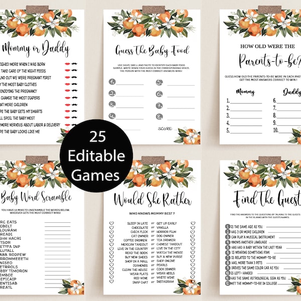Orange Baby Shower Game Bundle, Editable Games, Orange and Greenery, Citrus Orange Shower, Editable Template, BBS30